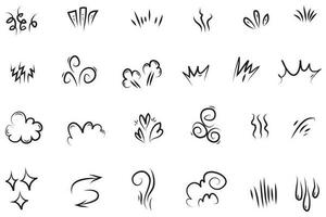 Vector set of hand-drawn cartoony expression sign doodle, curve directional arrows, emoticon effects design elements, cartoon character emotion symbols, cute decorative brush stroke lines.