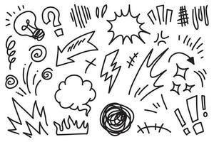 Conjunto de vectores de doodle de signo de expresión de dibujos animados dibujados a mano, flechas direccionales de curva, elementos de diseño de efectos de emoticonos, símbolos de emoción de personaje de dibujos animados, lindas líneas de trazo de pincel decorativo.