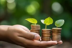 Close up of male hand stacking coins with green bokeh background. photo