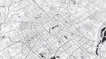 Black and white Beijing map background loop. Spinning around China city air footage. Seamless panorama rotating over downtown backdrop. video