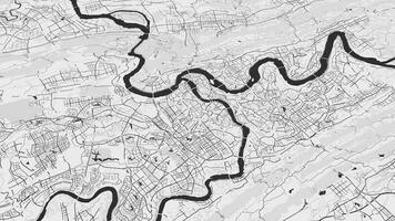 schwarz und Weiß Chongqing Karte Hintergrund Schleife. Spinnen um China Stadt Luft Filmaufnahme. nahtlos Panorama rotierend Über Innenstadt Hintergrund. video