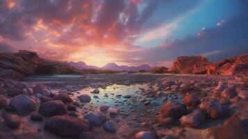 Rainbow sky, red sea of stone. photo