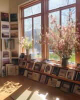 A photo of photobooks next to a big window.