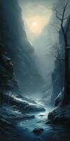 A painting of a valley covered in snow, in the style of dark fantasy, realistic lighting, luminosity of water, flowing silhouettes, fairy tale. photo