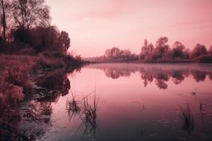 un escena en cuales el todo rosado cielo es reflejado en el agua. ai generativo foto