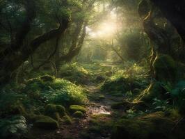 Glade in a cinematic magical forest. photo