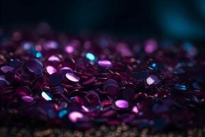 Sparkling Glitter abstract background dark purple saturated color, de - focused, macro. Sequins fall and sparkle, round bokeh. photo