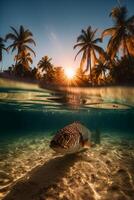 Photograph of beautiful inviting beach scene with sunset sky. photo