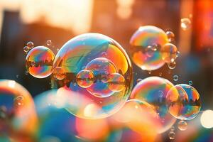 Soap bubbles against a blurred light background. photo