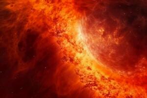 Abstract fancy red orange fire, sun light planet surface, grunge texture, fantasy galaxy background. photo