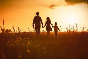 Silhouette of happy family walking in the meadow at sunset. photo