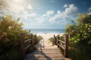 Photorealistic photo of a wooden path to the beach. Blue sky. plam trees, floral wedding arch white flowers.