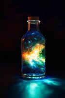 Glowing galaxy in a glass bottle. photo