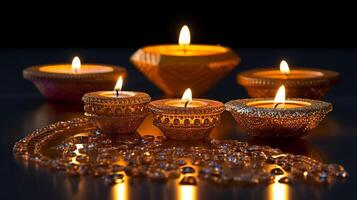 A Diya oil lamp, Diwali concept, blurred Hindu festival of lights celebration background. photo