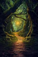 a mystical forest path with towering trees forming a natural archway. photo