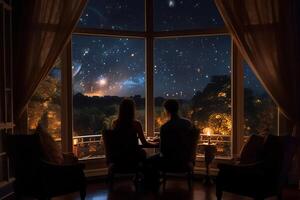 The back of a couple sitting by the hotel window, The view through the window is a starry night. photo