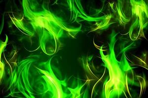 Drawn neon color green, Burning flame background material abstract hand. photo