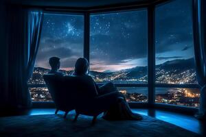 el espalda de un Pareja sentado por el hotel ventana, el ver mediante el ventana es un estrellado noche. ai generativo foto