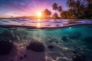 fotografía de hermosa atractivo playa escena con púrpura puesta de sol cielo. ai generativo foto