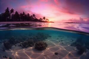 Photograph of beautiful inviting beach scene with purple sunset sky. photo