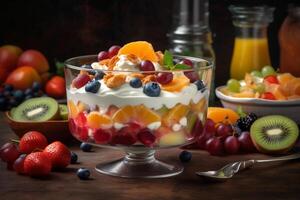 Colorful fruit salad in a glass bowl with different sliced fruits an whipped cream yogurt in a nice setup environment. AI generative photo