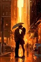 Lovely Sunset cityscape, New York, tan bruennte woman and brown haired white man kissing. photo