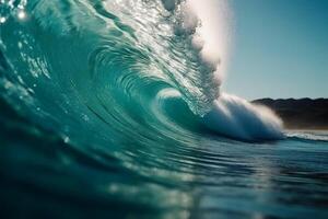 Tropical blue surfing wave. Sunshine in the wave barrel. No people. Beautiful deep blue tube wave in the Ocean. photo