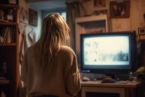 sad blonde woman back view in her room standing. photo