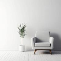 Modern minimalist interior with an armchair on empty white color wall background. photo