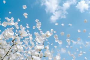 The white petals fall off with blurred clear blue sky and cloud. AI generative photo