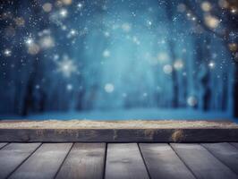 Winter snowy stage background with wooden flooring and Christmas lights on blue background, banner format, copy space. photo
