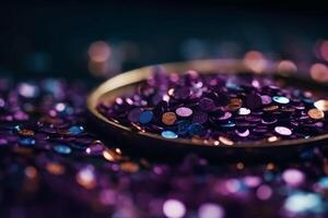 Sparkling Glitter abstract background dark purple saturated color, de - focused, macro. Sequins fall and sparkle, round bokeh. photo