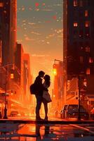 encantador puesta de sol paisaje urbano, nuevo york, bronceado bruennte mujer y marrón peludo blanco hombre besando ai generativo foto