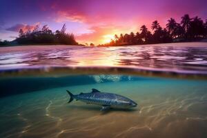 fotografía de hermosa atractivo playa escena con púrpura puesta de sol cielo. ai generativo foto