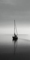 white image of a lone sailboat on a calm sea, photo