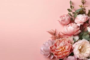 Peonies, roses on pink background with copy space. Abstract natural floral frame layout with text space. Romantic feminine composition. photo