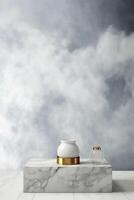 Marble table, white sky wall, grunge cloud texture background, soft blur product display poster design. photo