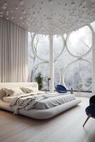 Aesthetic sculptural minimal white modern bedroom with light wood floors. photo