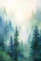 A watercolor painting of a misty forest, tranquil, deep, fairy tale vibe, simple watercolor style with few details, semi abstract. photo