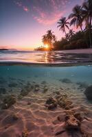 Photograph of beautiful inviting beach scene with pink sunset sky. photo