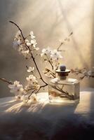 Still life photography, transparent perfume bottle in the center, stones, branches, flowers. photo