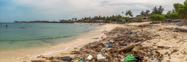 Beach full of garbage and plastic waste as wide banner for environmental and recycle concepts. photo