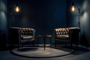 dos sillas y focos en podcast o entrevista habitación en oscuro antecedentes. ai generativo foto