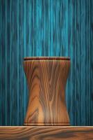 Brown wood grain podium with blue pattern background, front view. photo