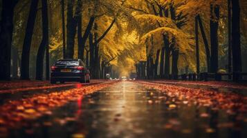 a beautiful long road in autumn season is lined with trees bearing colorful leaves. photo