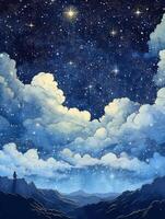 illustration of a moonlit night, with stars twinkling in the sky and clouds. photo