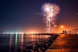 firework night sea star. photo