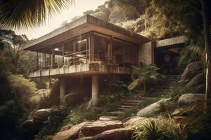 inspired new house in the brasilian jungle, brutalist, waterfalls, concrete, late in the day, sunshine through trees, view from parking towards glass patio, wide shot. photo