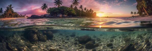 Photograph of beautiful inviting beach scene with purple sunset sky. photo