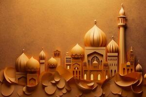 Ochre color background paper texture, Eid al adha mosque, lamb, kareem lantern painting at the top left and bottom right. photo